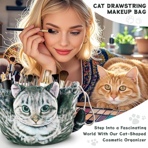 Grey Tabby Cat Drawstring Makeup Bag - Cute Cosmetic Case for Women