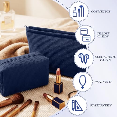 Navy Blue Waffle Makeup Bag Set - 2 Pcs Cosmetic Pouch