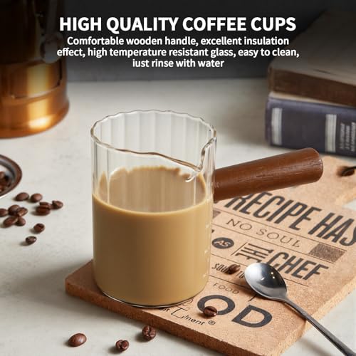 9 Oz Espresso Measuring Cup with Wood Handle - Glass Milk Frother