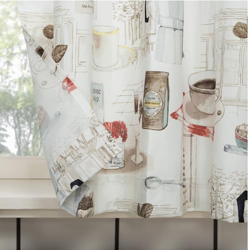 No. 918 Brew Coffee Shop Semi-Sheer Kitchen Curtain Set, 54" x 36" - White