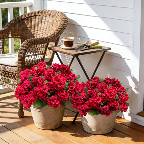 17" Artificial Geranium Flowers - 8 Pcs Red Silk Plants for Outdoors
