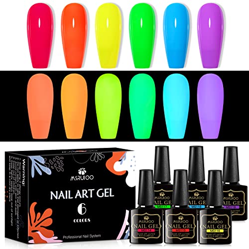 MSRUIOO Glow in the Dark Nail Polish Set 6Pcs - Luminous Neon Gel Polish, Nighttime Fluorescent
