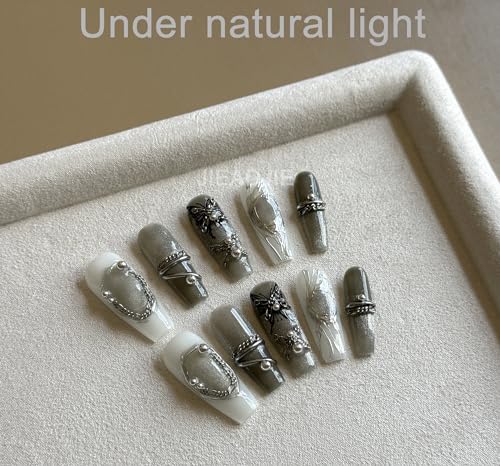JIEADJIE Handmade Press On Nails - Mid-Length Black Butterfly Art