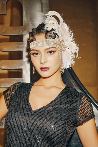 Beige Flapper Headpiece for Women - 1920s Gatsby Feather Headband