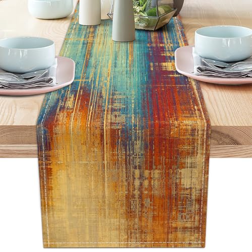 Burnt Orange and Blue Vintage Table Runner - 71in Polyester