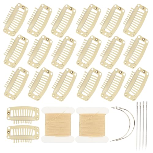 20 Beige Hair Extension Clips with Needle & Thread Set - Durable 9-Teeth Stainless Steel Snap Clips