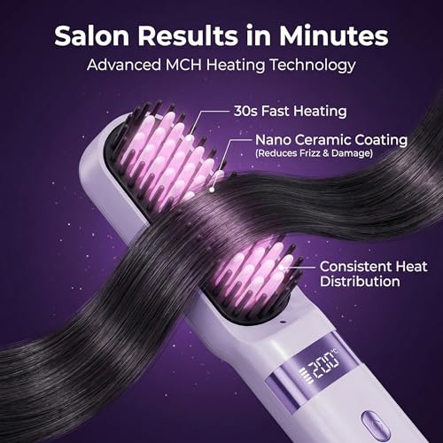 Cordless Hair Straightener Brush - Portable 4 Temp Comb for Travel