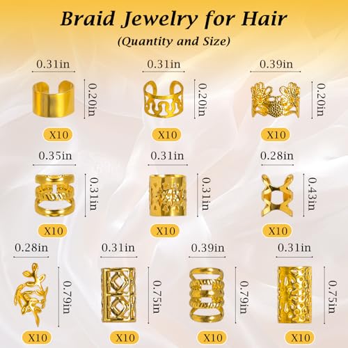 Nafaboig 100PCS Gold Hair Jewelry for Braids - Assorted Accessories