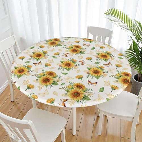 Sunflower Round Fitted Tablecloth - 40-44 Inch Elastic Edge Floral Cover