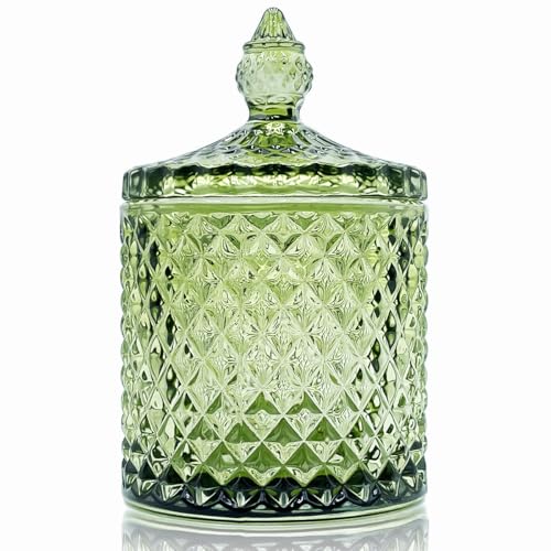 Olive Green Crystal Glass Qtip Holder & Candy Jar with Lid