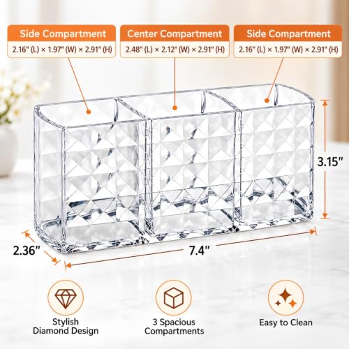 MOSIKER Clear Acrylic Makeup Brush Organizer with 3 Compartments for Vanity