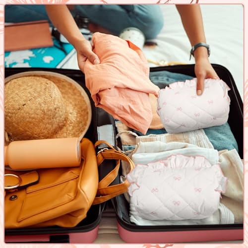 Kacctyen Pink Bow Quilted Makeup Bag Set - Travel Cosmetic Pouch for Women & Girls