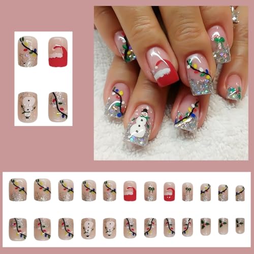 HREJHDS Snowman Christmas Glitter Press On Nails Short Square Fake Nails with French Tip & Nude Design