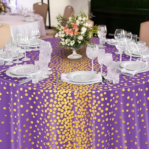 84 Inch Purple and Gold Polka Dot Round Tablecloth - Set of 3