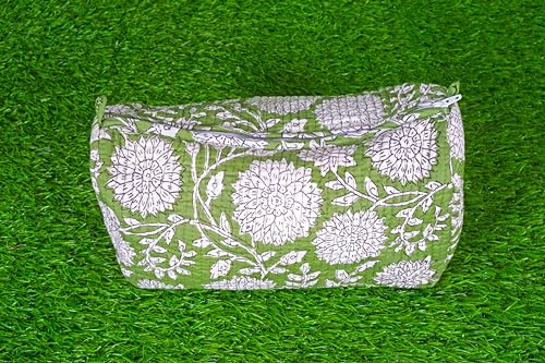 Light Green Floral Quilted Cotton Toiletry Bag for Women