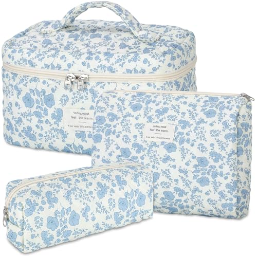 senbowe Blue-White Floral Makeup Bag Set - 3 Pack Cotton Organizer