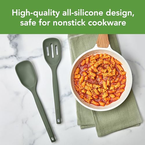 Tovolo Silicone Spoon Set - 2 Mixing & Slotted Spoons, Thyme Green