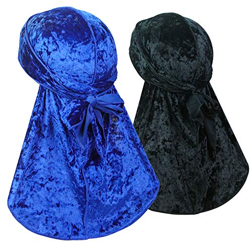 2 Pack Premium Crushed Velvet Durag for 360 Waves - Long Tail Headwear