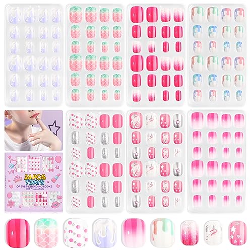 SAVILAND Kids Press On Nails Set - 168 Pre-Glued Short Nails, Blue Pink White Silver, Glitter Patterns for Ages 8-12