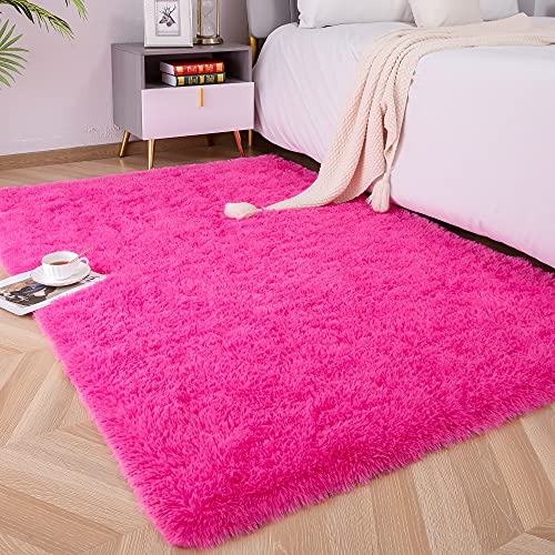 Foxmas Soft Plush Shaggy Area Rug 2x3ft Hot Pink for Kids & Nursery