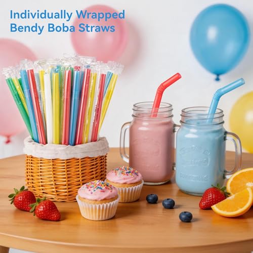 Jumbo 12mm Bendy Boba Straws - 100 Pack, Individually Wrapped