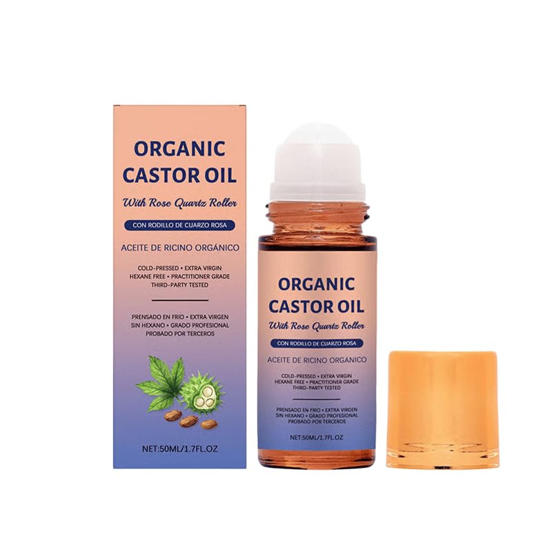 Organic Castor Oil Roll-On with Rose Quartz Roller | 100% Pure Cold Pressed for Face, Skin, Brows & Lashes - Travel Friendly (1PC)