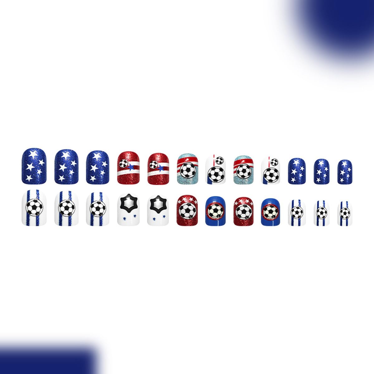 Soccer Press On Nails - Short Square Fake Nails Press ons with Glitter Star & Striped Design Reusable Glue On Nail Full Cover Stick on Nails, World Cup Sports Game Nail Art for Women Manicure 24Pcs