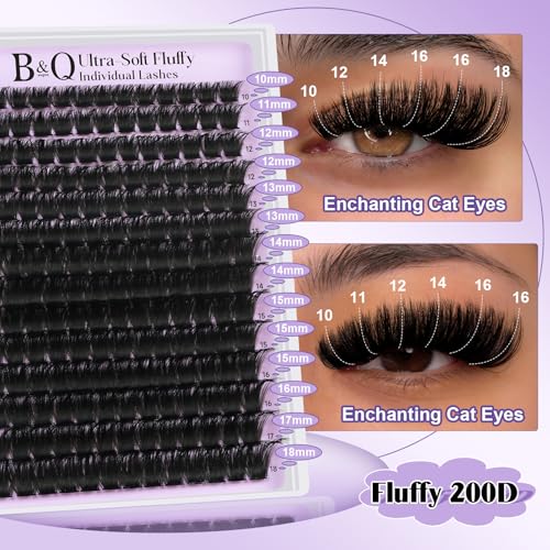 B&Q Fluffy Lash Clusters Thick 200D, Volume Eyelash Clusters 10-18mm, D Curl Cluster Eyelash Extensions, Supersoft Individual Lashes Wispy Cluster Lashes Dramatic Full Look Eyelash£¨200D£©