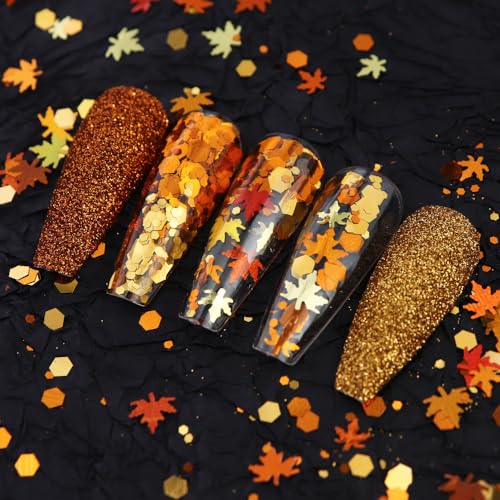 LPOODDNU Fall Gold Nail Art Glitters 6 Jars Autumn Leaves Nail Decorations