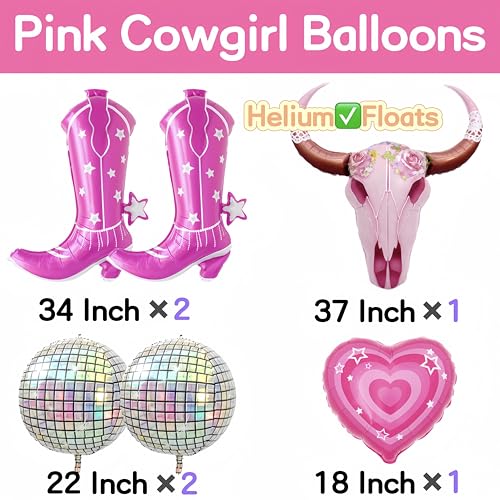6-Piece Pink Cowgirl Balloon Set with Disco Ball - Boho Party Decor