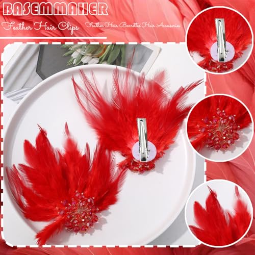Red Feather Hair Clips - 2 Pcs Ballet Style Crystal Flower Barrettes