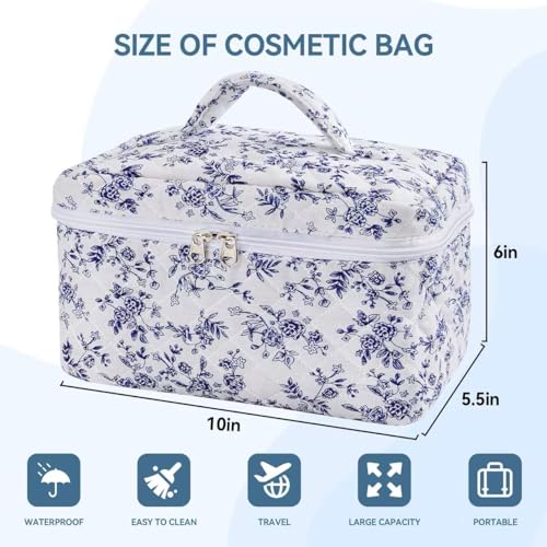 Blue Travel Quilted Makeup Bag with Bow - Cotton Cosmetic Organizer for Women & Girls