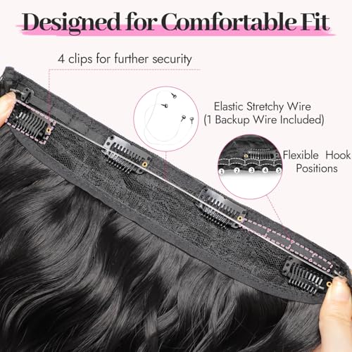 KooKaStyle Invisible Wire Hair Extensions with Transparent Headband Adjustable Size 4 Secure Clips Black Long Wavy Synthetic Hairpiece 20 Inch for Women