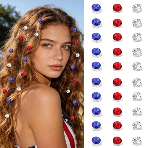 YISSION 30PCS Patriotic Rhinestone Hair Clips for Women & Girls - Red, White, Blue Variations