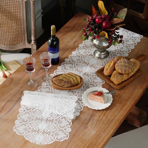 Elegant White Faux Lace Table Runner, 14" x 48" for Weddings & Decor