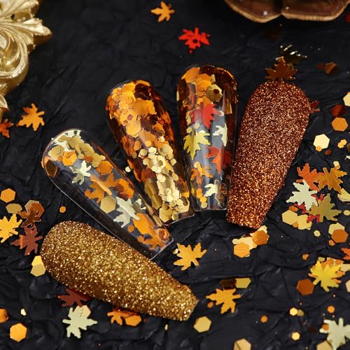 LPOODDNU Fall Gold Nail Art Glitters 6 Jars Autumn Leaves Nail Decorations