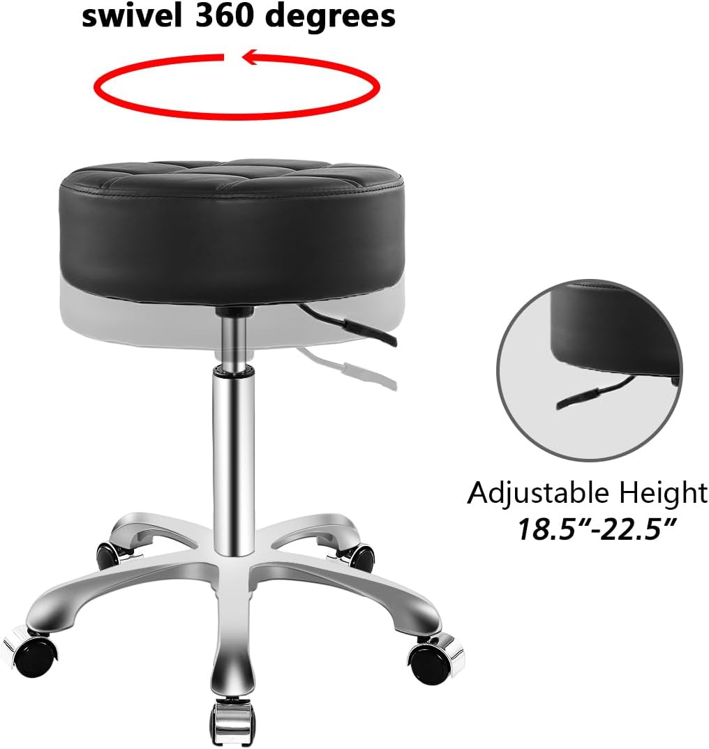 Rolling Stool with Wheels - Heavy-Duty Hydraulic Chair for Estheticians, Tattoo Artists | Black Cushion