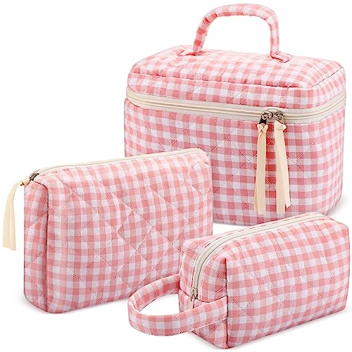 Paterr Pink Quilted Cotton Makeup Bag Set 3 Pcs Travel Cosmetic Organizer