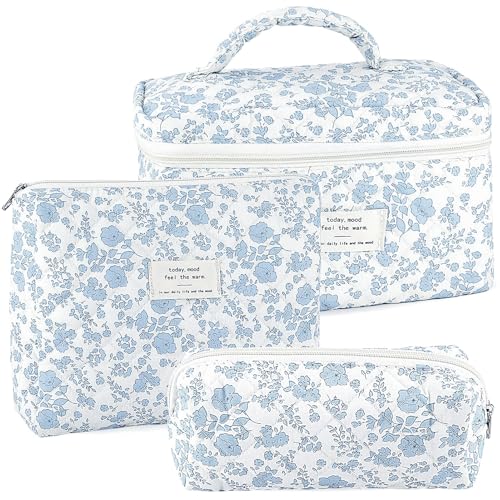 URSKYTOUS 3-Piece Quilted Cosmetic Bag Set - White Blue Travel Makeup Pouch