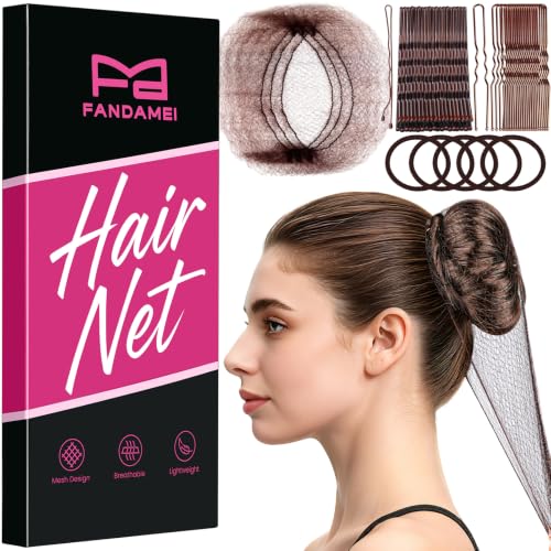 FANDAMEI Hair Nets Set for Buns with Bobby Pins & Elastic Ties - Brown, 20PCS