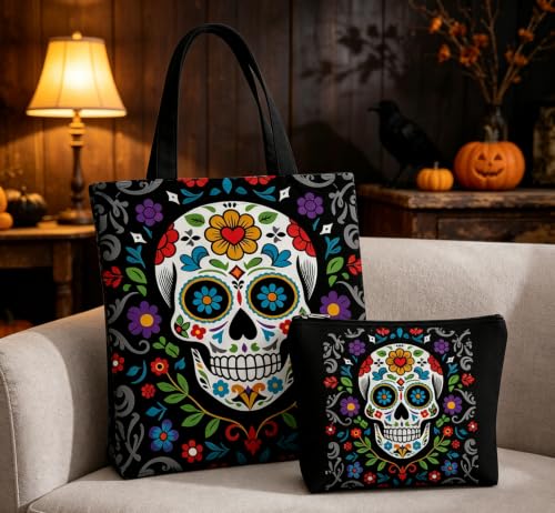 GRITOSE 2pcs Halloween Canvas Tote & Makeup Bag Set - Style25 Skull Print