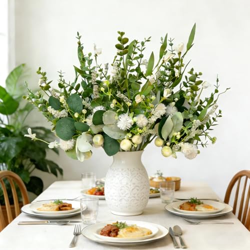 Artificial Eucalyptus Stems with White Florals - Set of 6, 18 Inch