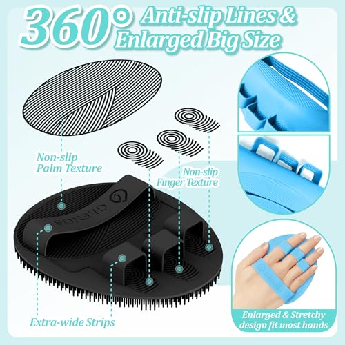 GEENOA Silicone Bath Gloves with Straps 2PCS - Deep Cleansing Exfoliating Body Scrubber, Enlarged & Anti-Slip for All Skin Types (Black+Blue)