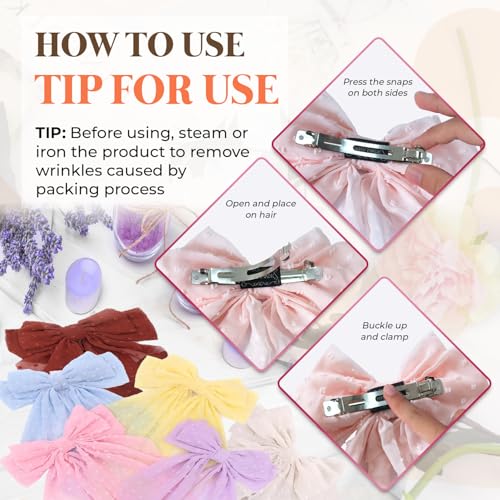 Loqpol 6 pcs Oversized Chiffon Hair Bows with Alligator Clips - Red Lavender Pink Yellow Blue White