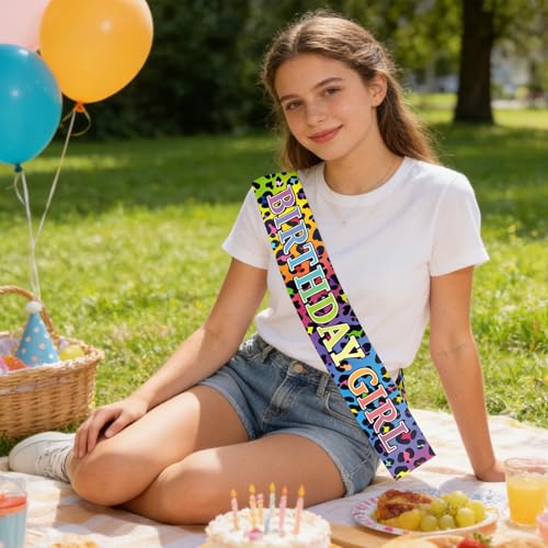 Cheetah Print Birthday Sash for Girls - Neon Leopard Theme Party Decor