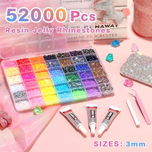 52,000 Pcs Resin Jelly Rhinestones 42-Color Bedazzling Craft Kit with Glue
