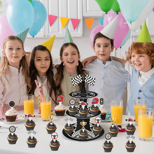 Race Car Cupcake Stand with 24 Toppers - 3 Tier Dessert Holder