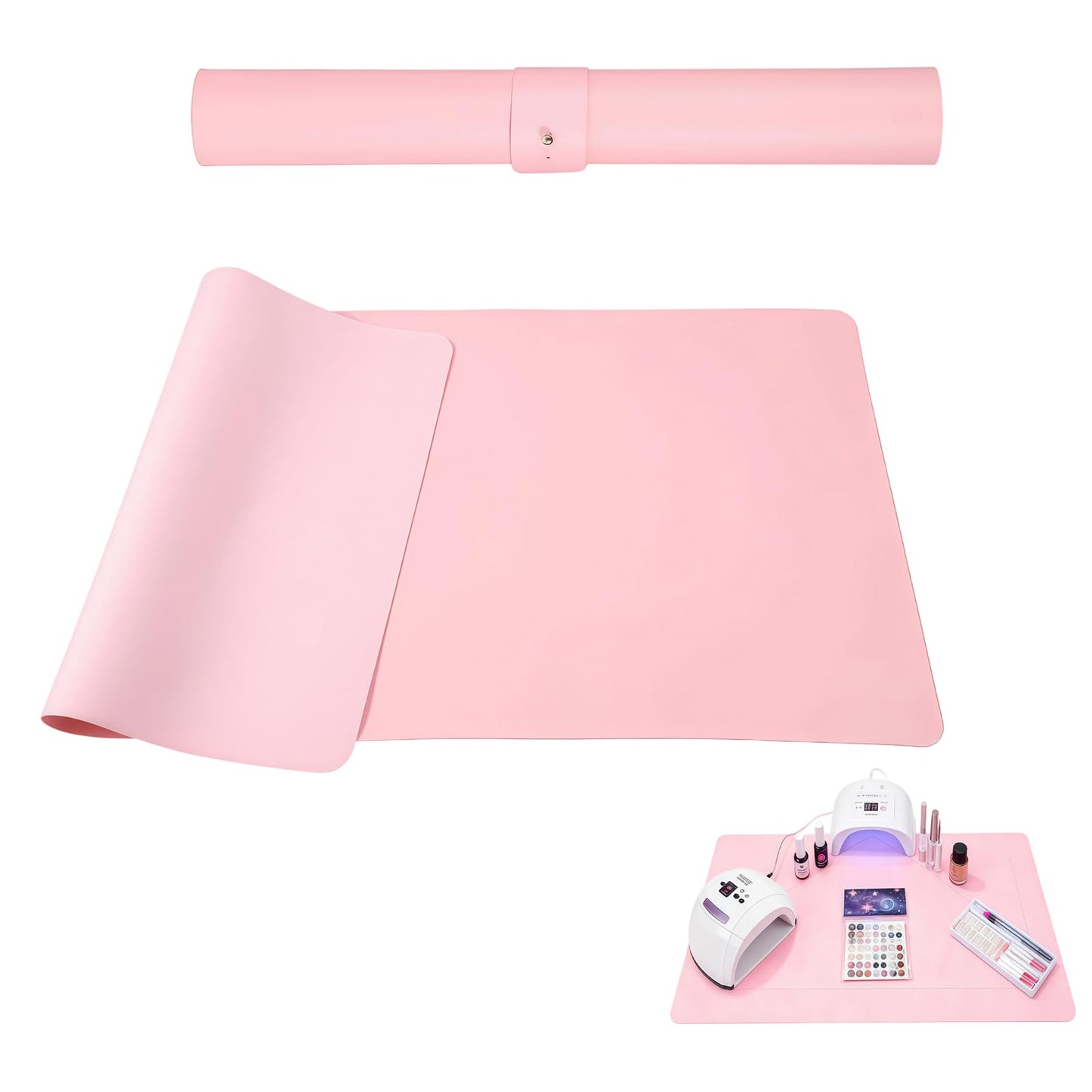 VANTOBEST 23.6 x 11.8 inches Foldable Nail Art Table Mat, Waterproof Non-Slip PU Leather Nail Desk Pad, Reusable Manicure Mat for Nail Tech Salon Home Acrylic Nails (Pink)