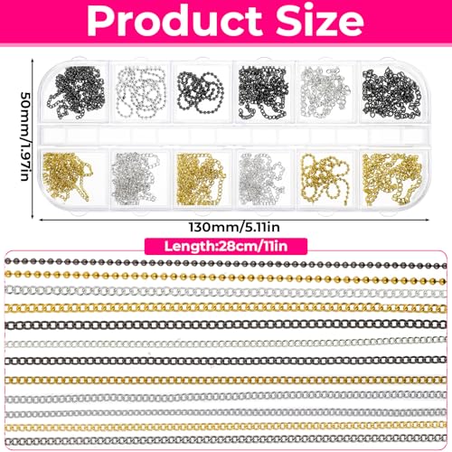 Metal Nail Art Chains Set - 12 Strips in Gold, Silver, Gray