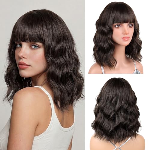 Lumitressa Brown Wavy Bob Wig with Bangs - 14 Inch Shoulder Length Synthetic Hair for Women